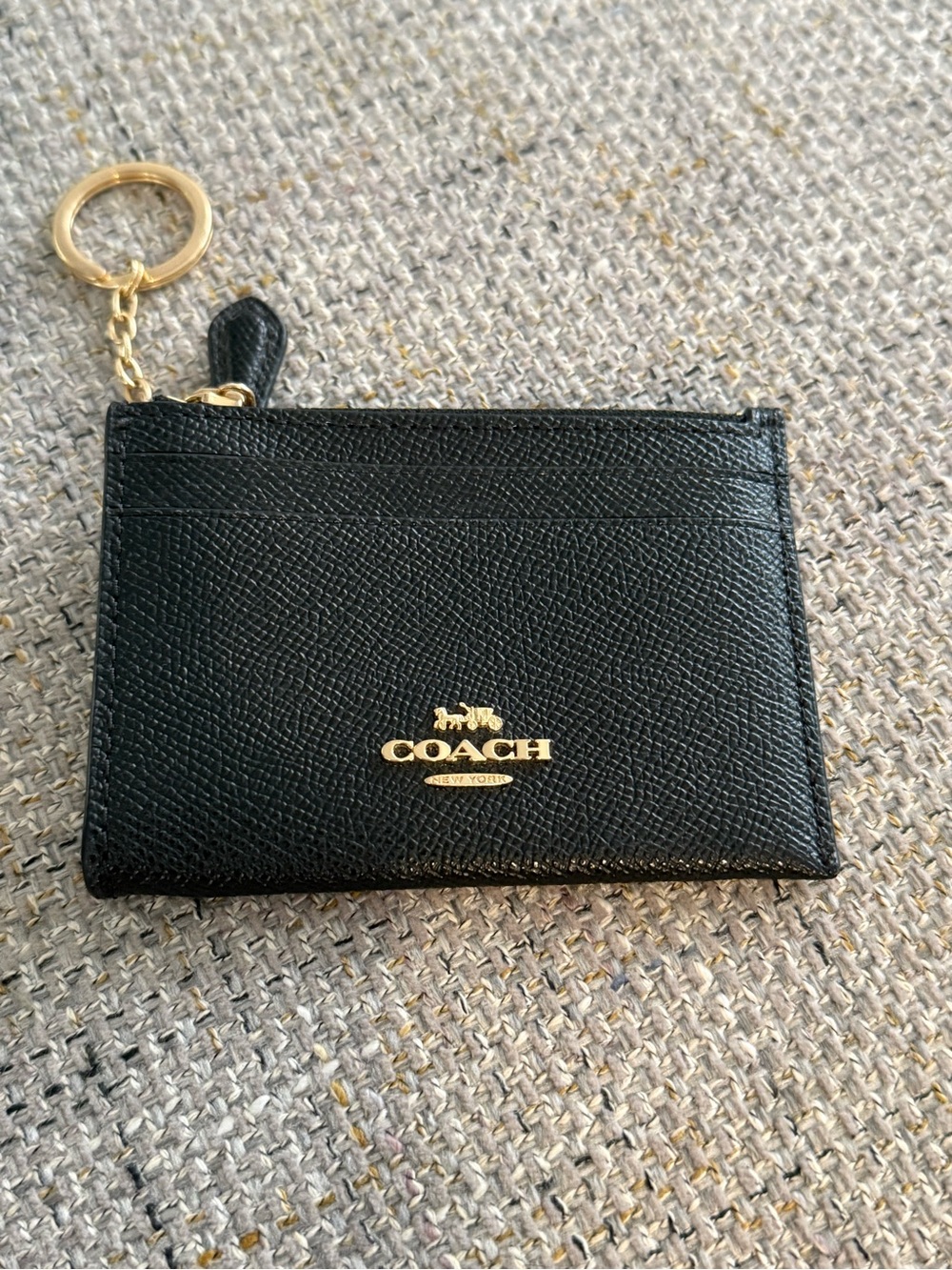 Coach Black Leather Card Holder with Gold Key Ring